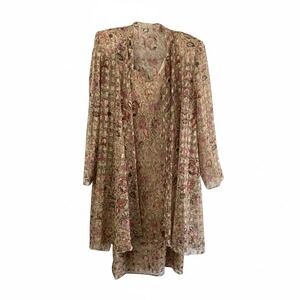 Patra Womens 14 Gold Pink Metallic Floral Brocade Dress and Duster Jacket Set